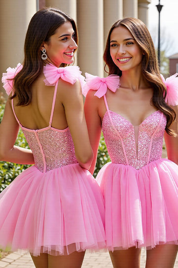 Sparkly Pink A Line Homecoming Dress with Bows